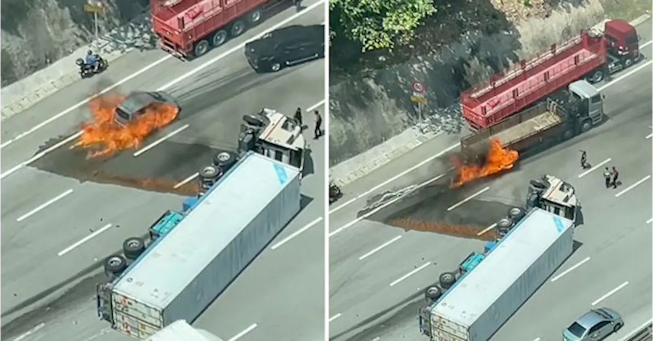 [VIDEO] Overturned Trailer Leaves Fire Trail On Expressway & Causes 2 Vehicles To Ignite