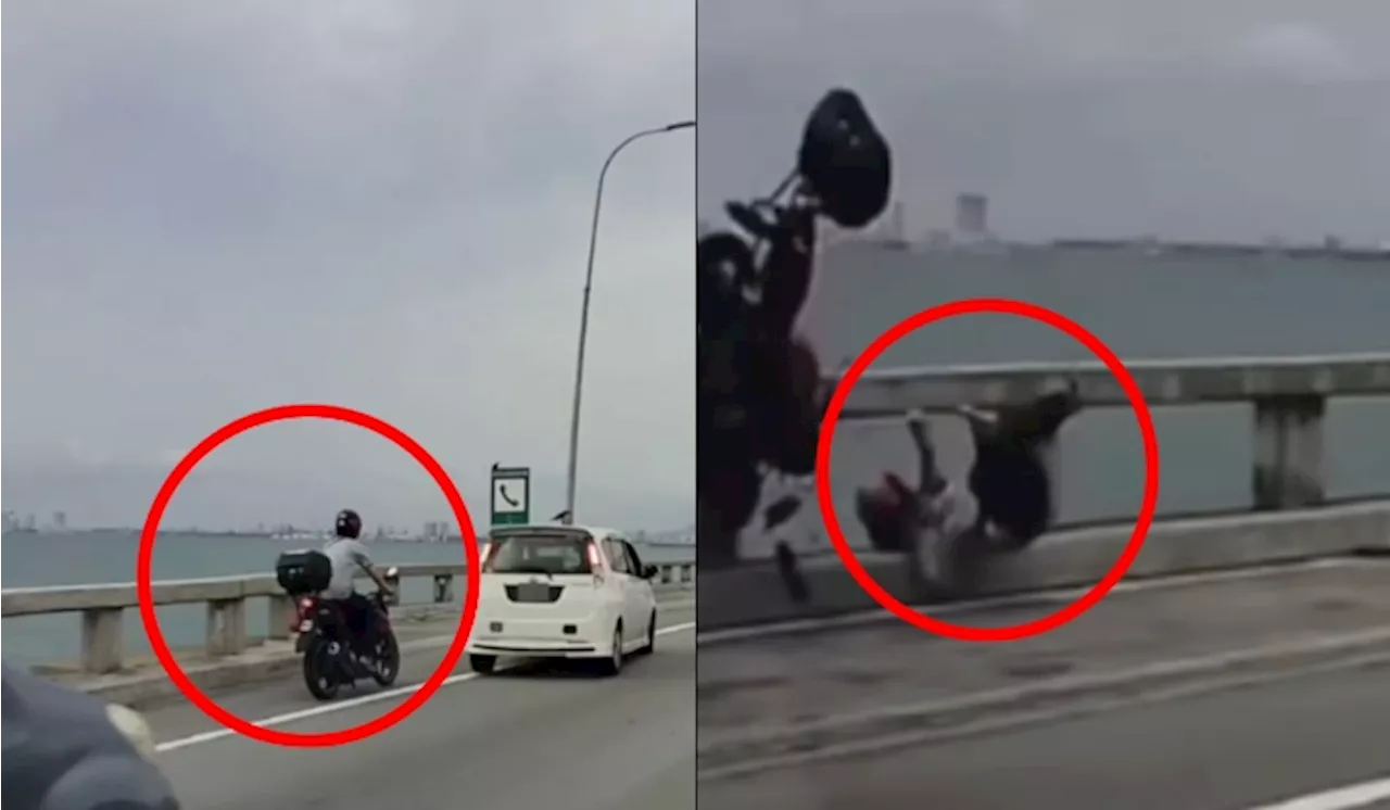 [Video] Penunggang Motosikal Maut, Nyaris Jatuh Jambatan Pulau Pinang Selepas Terlanggar Kereta Tukar Lorong Mengejut