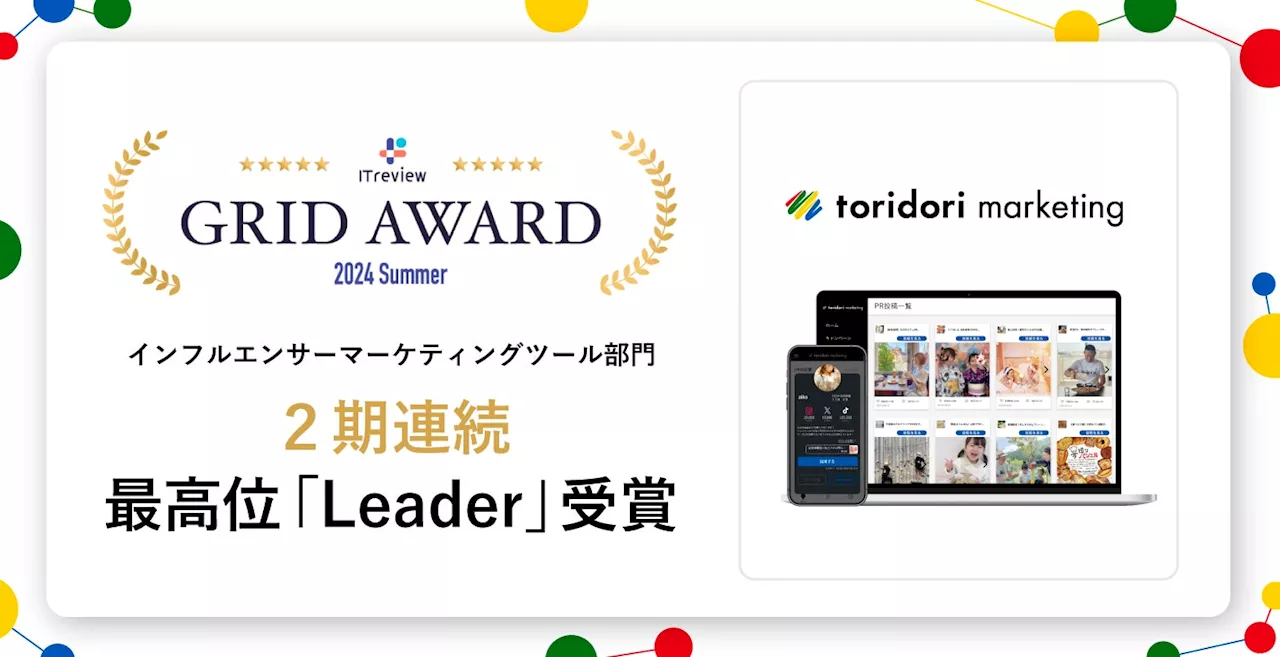 『toridori marketing』が「ITreview Grid Award 2024 Summer」のインフルエンサーマーケティングツール部門で最高位の「Leader」を2期連続受賞！