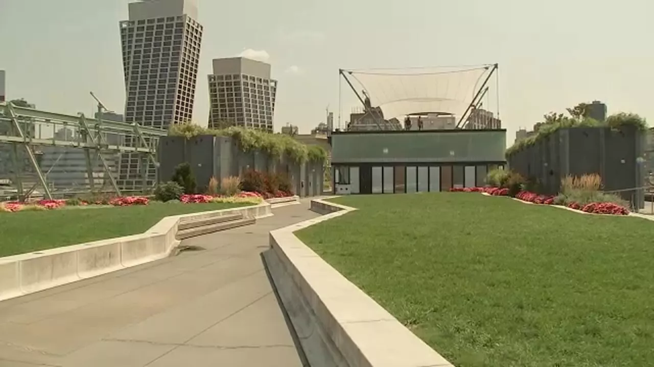 Green space on roof of Pier 57 in Manhattan helps combat urban heat island effect