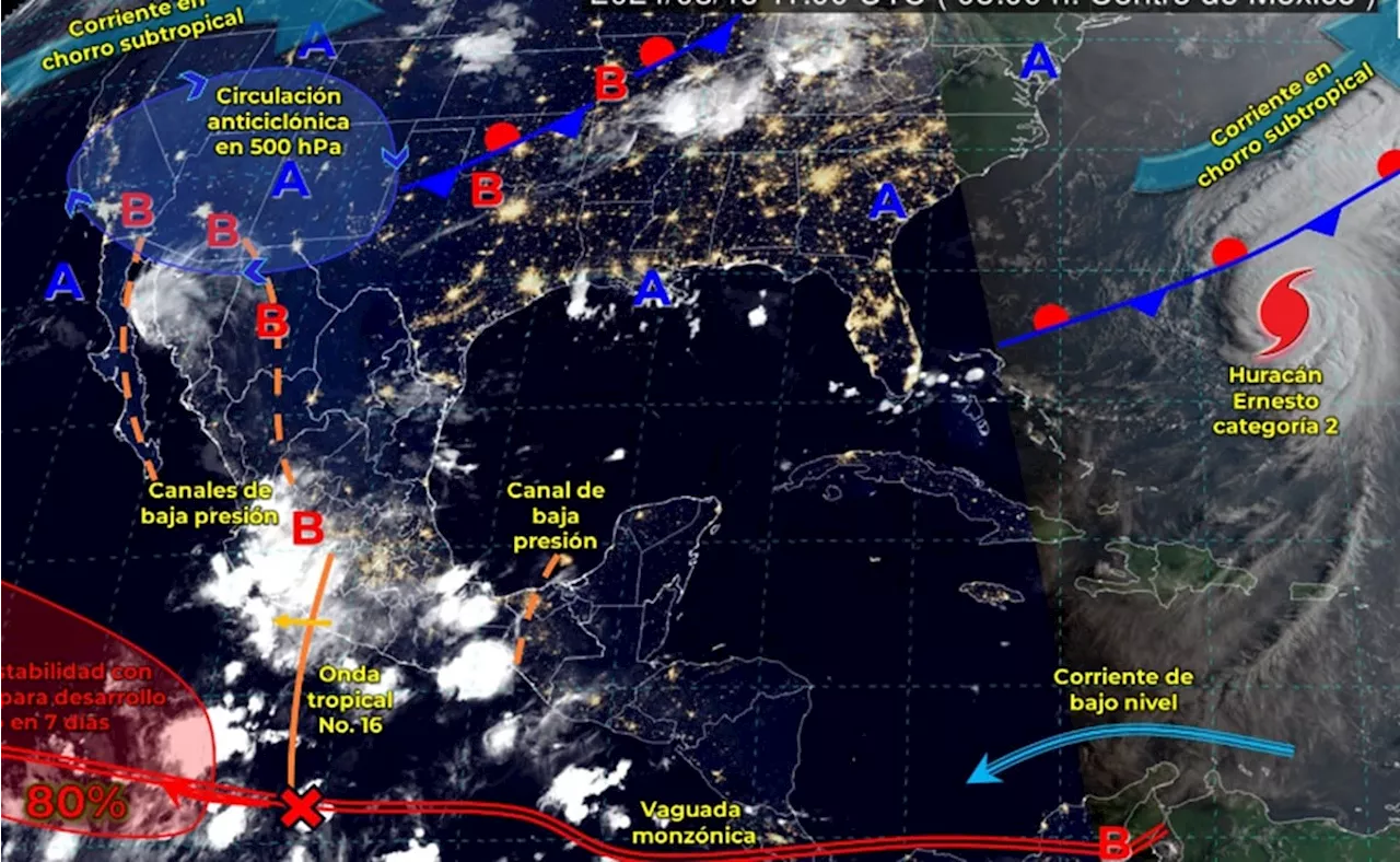 Clima hoy 16 de agosto: Prevén desplazamiento de onda tropical 16 y lluvias por monzón mexicano