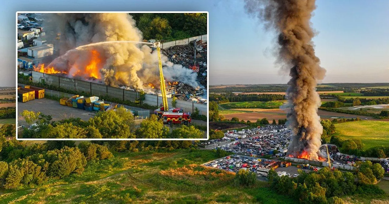 Huge fire turns scrapyard into inferno seen from miles away in Suffolk