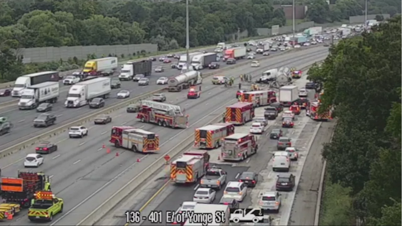 Collision, fuel spill result in closure of several Hwy. 401 EB lanes in Toronto