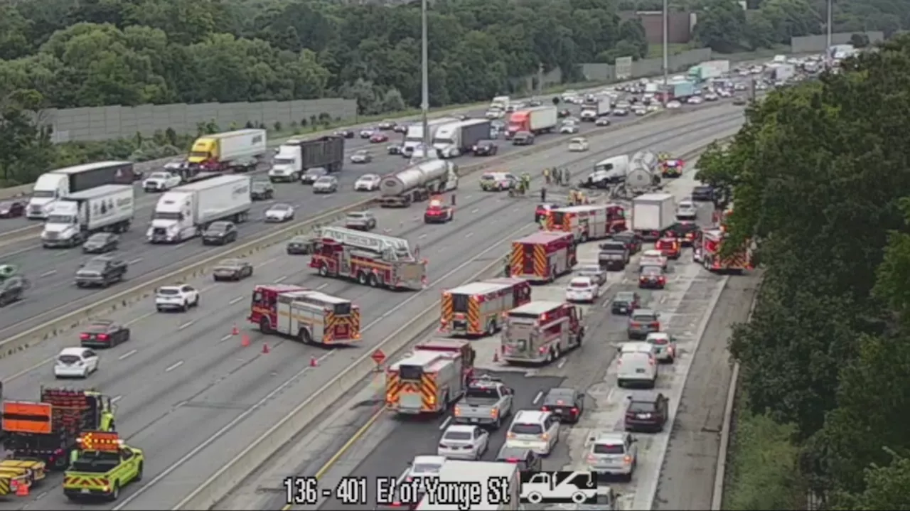 Several EB lanes of Hwy. 401 between Yonge and Bayview closed due to collision, fuel spill