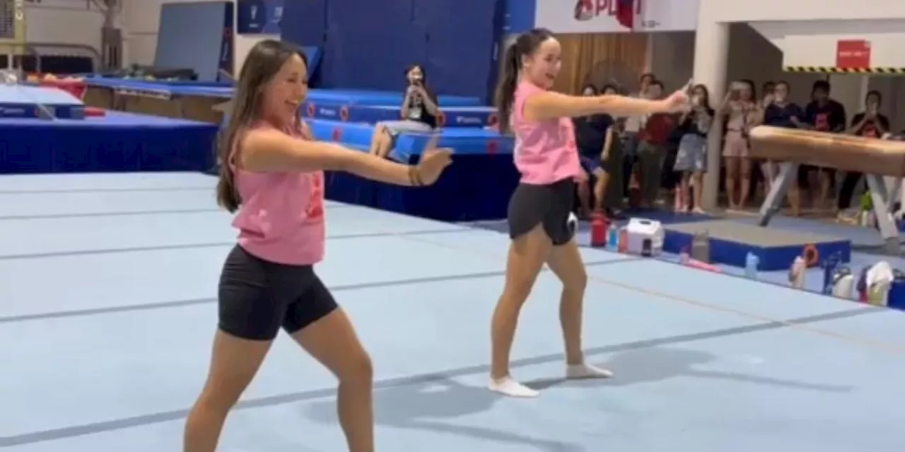 Olympic gymnasts Aleah Finnegan, Emma Malabuyo dance to 'Espresso' at gymnastics training session