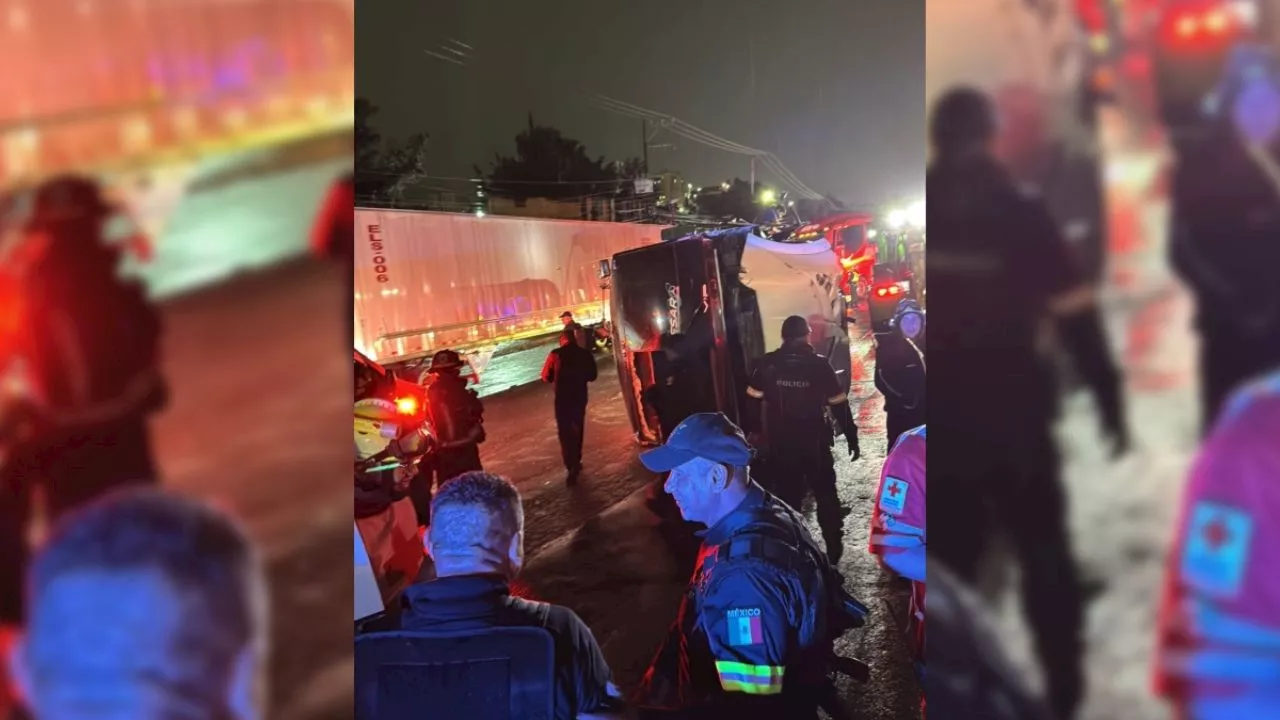 VIDEO: impactante volcadura de camión de pasajeros en la México-Pachuca deja dos lesionados