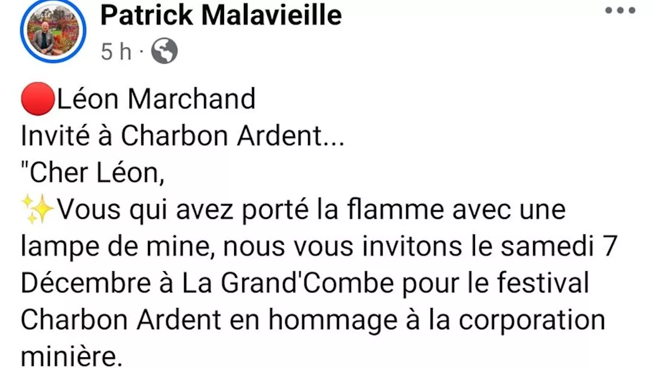 Patrick Malavieille confirme l’invitation lancée à Léon Marchand à la fête 'Charbon ardent' en Cévennes