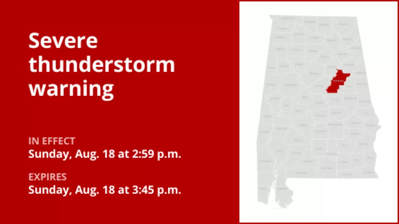 Thunderstorms with quarter-sized hail and damaging winds in Talladega County Sunday