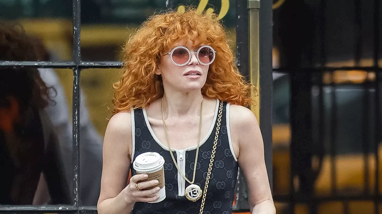 Natasha Lyonne, 45, looks effortlessly chic as she bares her legs in a black Gucci mini dress and...