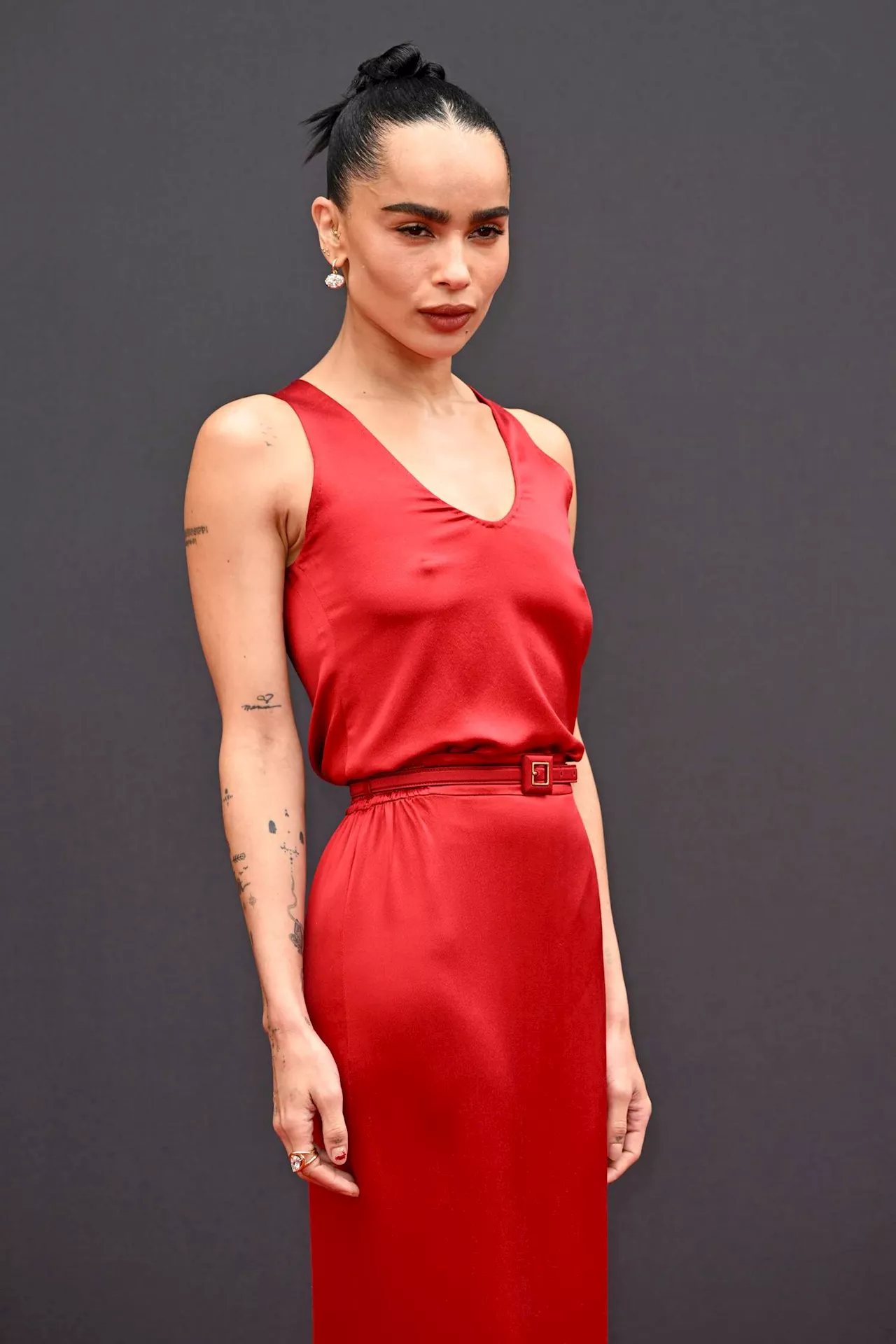 Zoë Kravitz Went Braless in a Slinky-Yet-Demure Crimson Gown