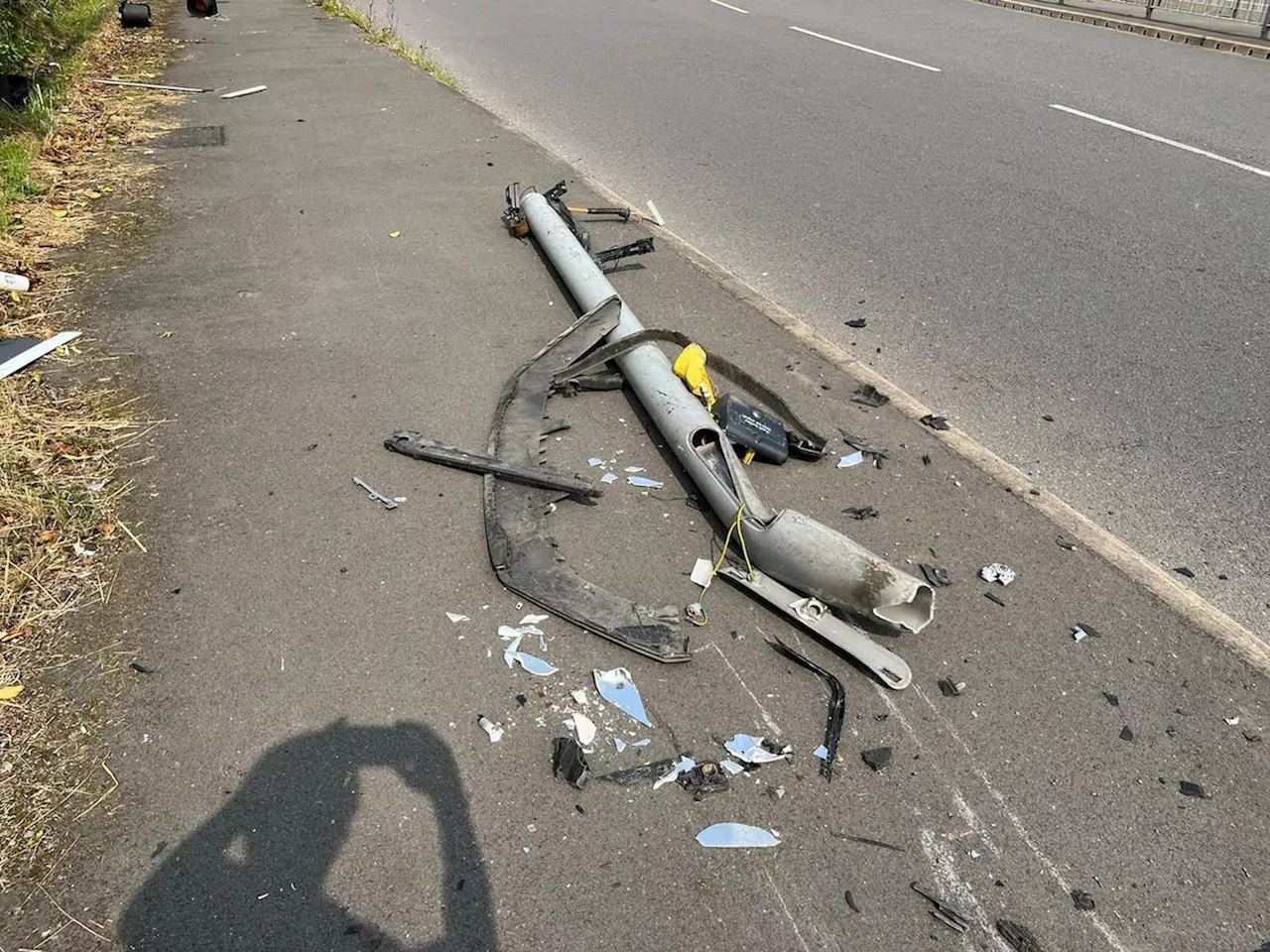 Photos show remains of smashed traffic lights strewn on ground at major Telford road island