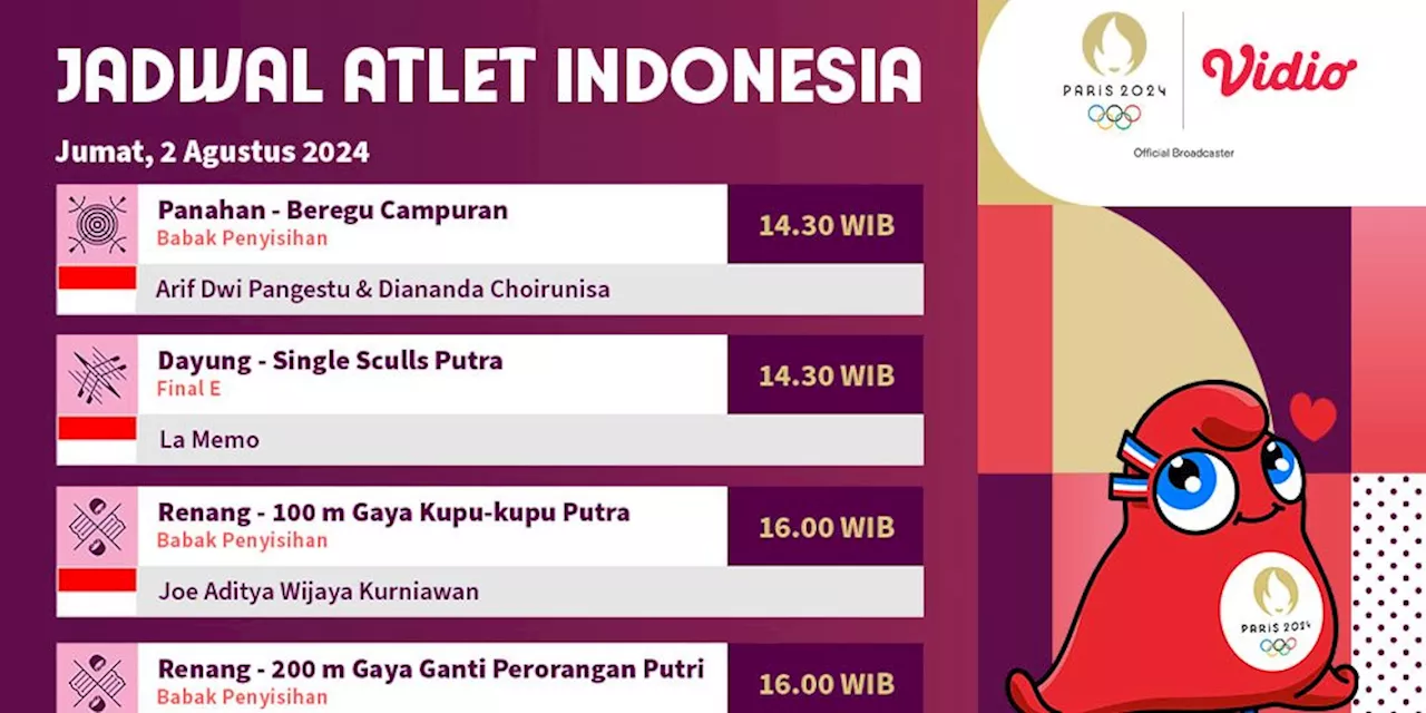 Jadwal Siaran Langsung Indonesia di Olimpiade Paris 2024 di Vidio, 2 Agustus 2024