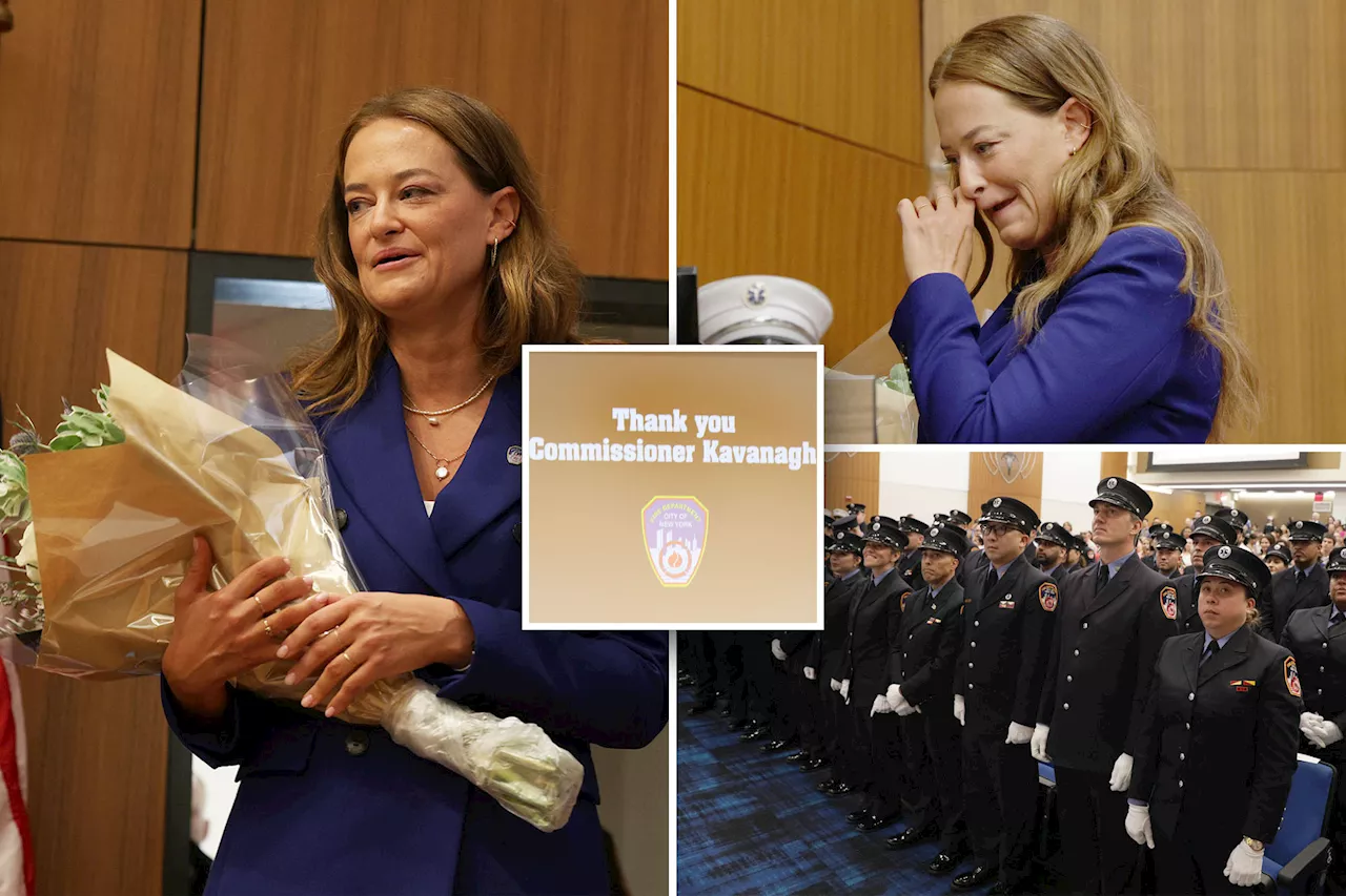 Outgoing FDNY Commissioner Laura Kavanagh wipes away tears during last official event