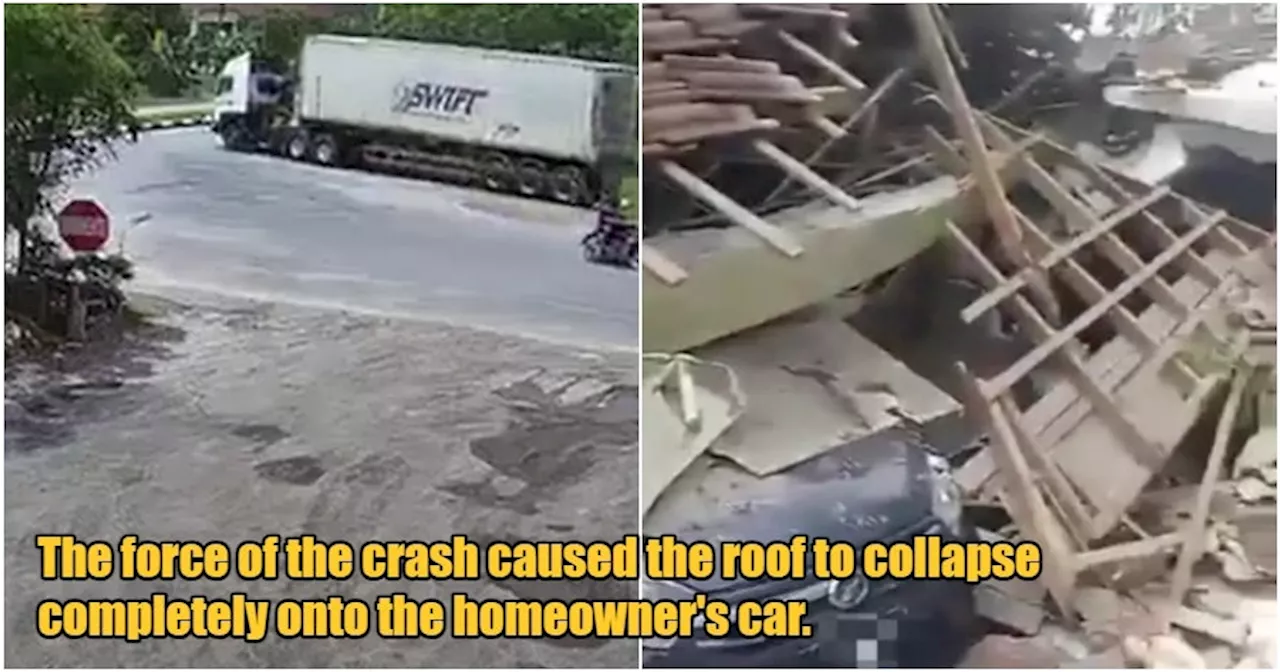 WATCH: Trailer Driver Loses Control, Runs Over Divider & Crashes into Kedah Home at Full Speed