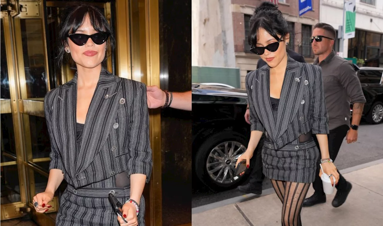 Jenna Ortega Continues Her Method Dressing Streak for ‘Beetlejuice Beetlejuice’ in Striped Vivienne Westwood Miniskirt Suit