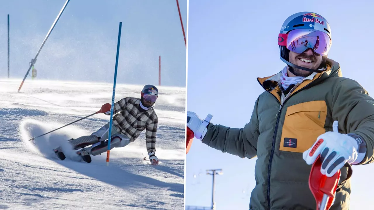 Ski-Star Hirscher im Holzfällerhemd im Stangenwald