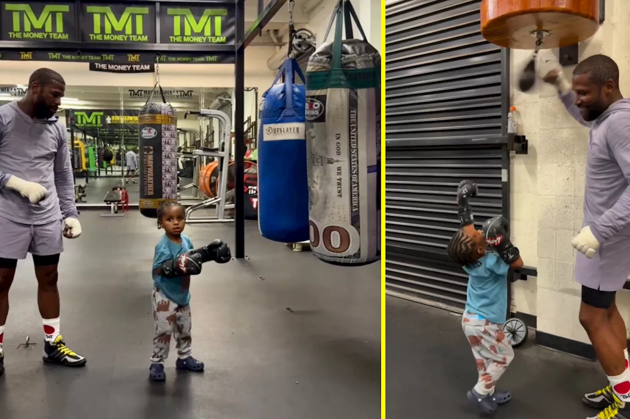 Floyd Mayweather gives three-year-old grandson a boxing masterclass as adorable toddler says ‘my hands are...