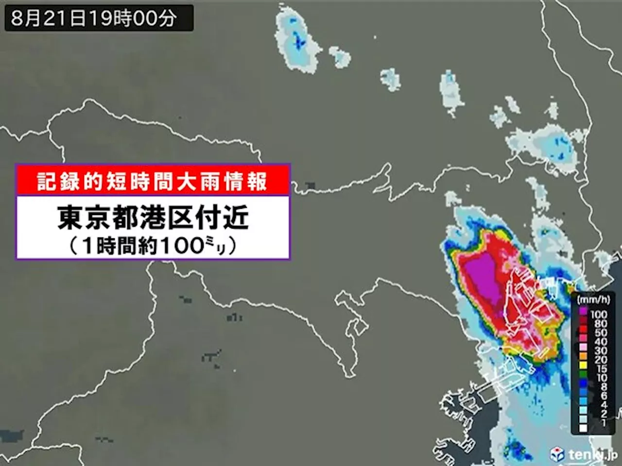 東京都港区付近で1時間に約100ミリ「記録的短時間大雨情報」(気象予報士 日直主任 2024年08月21日)