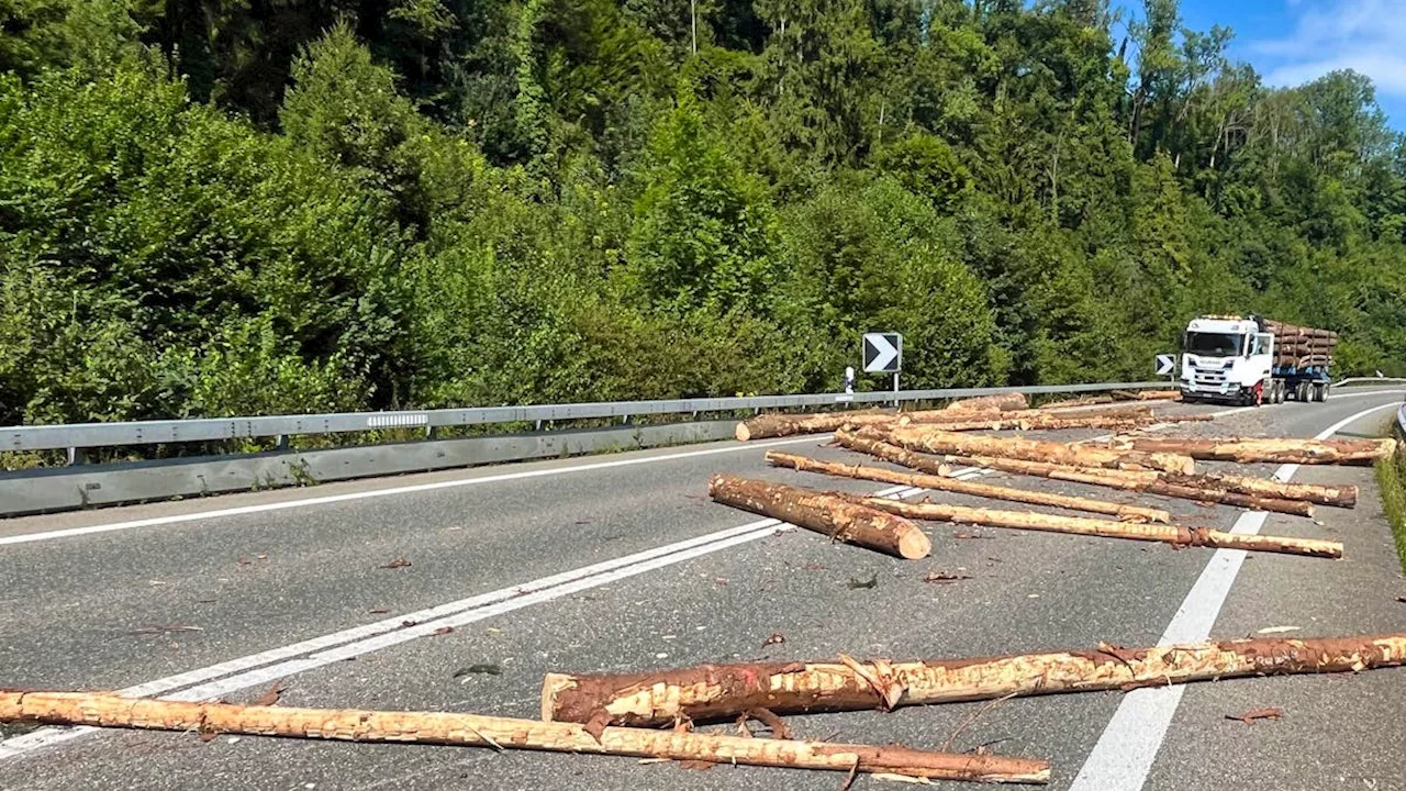 Erst mit Leitplanke zusammengestossen – dann Holzladung verloren