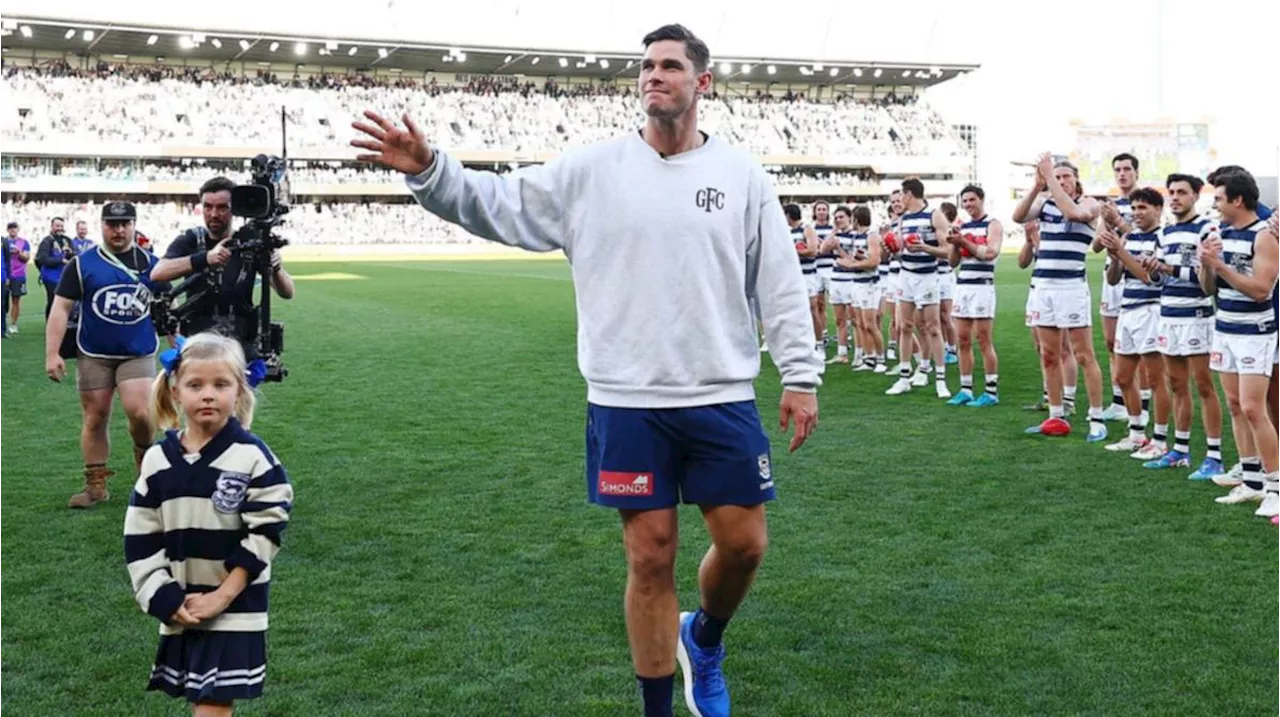 Tom Hawkins cuts interview short for classy gesture after Geelong demolish West Coast