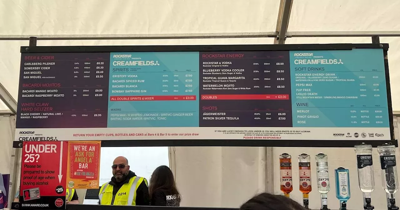 Festival Creamfields 2024 drink prices including beers, spirits, wine