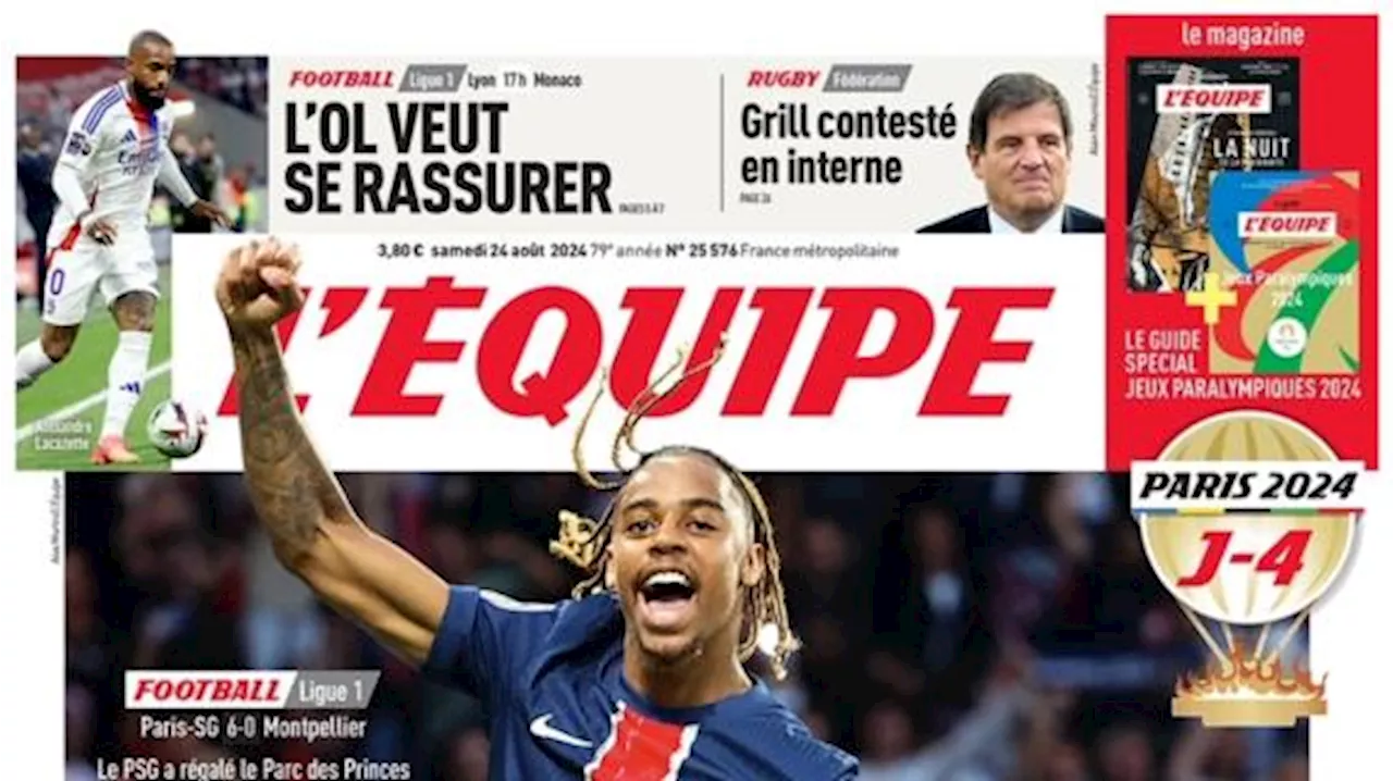 L'Equipe in prima pagina: 'PSG da capogiro: 6-0 al Montpellier e doppietta per Barcola'