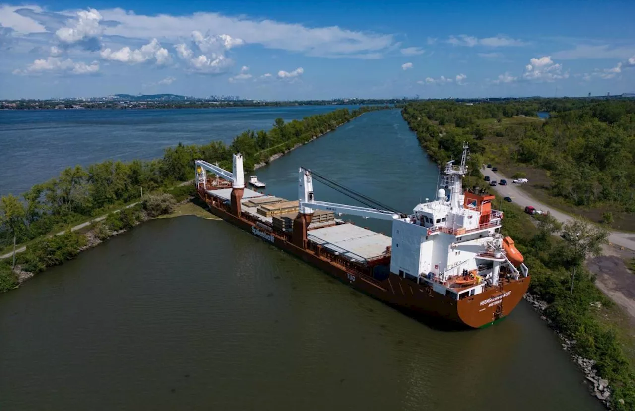 Tugboats free grounded cargo ship blocking traffic in St. Lawrence Seaway