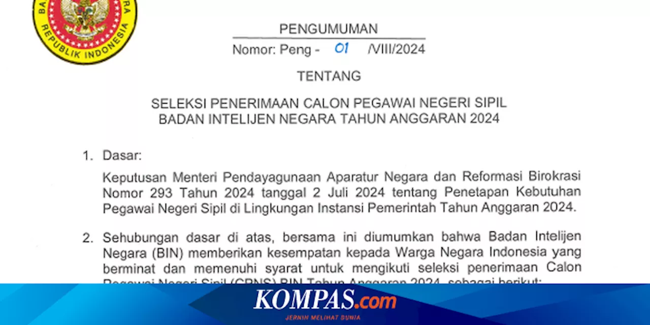 Syarat dan Formasi CPNS BIN 2024, Ada untuk Lulusan SMA