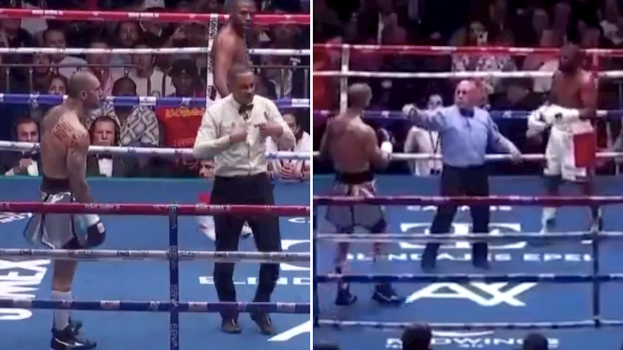 Floyd Mayweather’s exhibition rematch with John Gotti III ends in another farce as referee is SWITCHED out...