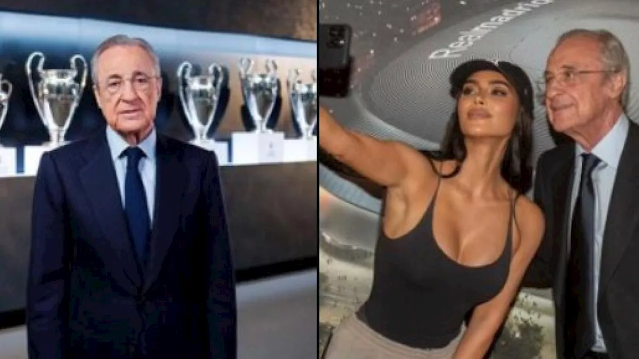 La visita de Kim Kardashian al Bernabeu: se tomó selfis con Florentino Pérez y Vinicius Jr.