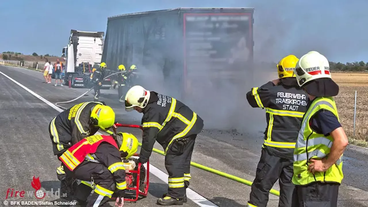 Nö: Feuer am Sattelauflieger nach Reifenbrand auf der Südautobahn bei Traiskirchen