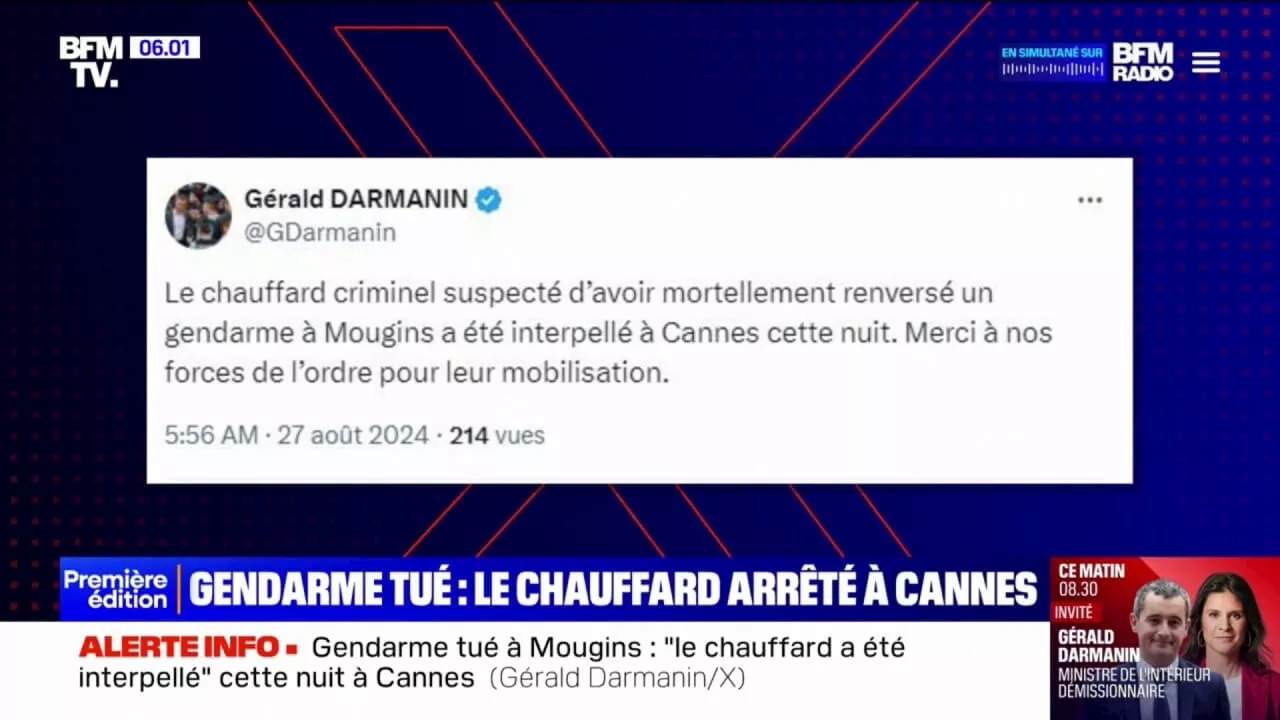 Gendarme tué à Mougins: le suspect 'interpellé à Cannes', annonce Gérald Darmanin