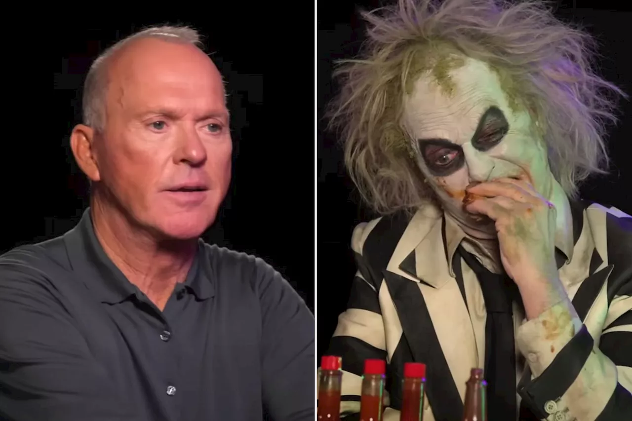 Beetlejuice guzzles hot sauce and insults Michael Keaton in spicy Hot Ones parody