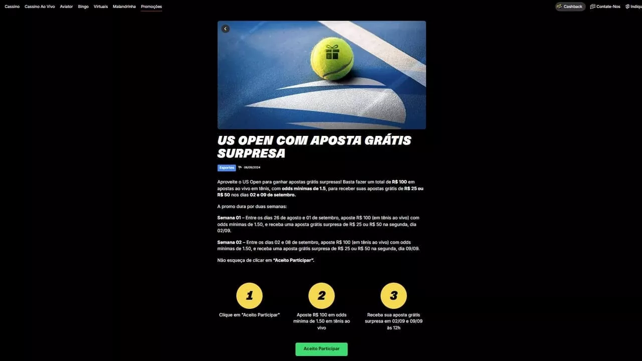 KTO: apostas grátis surpresa para o US Open