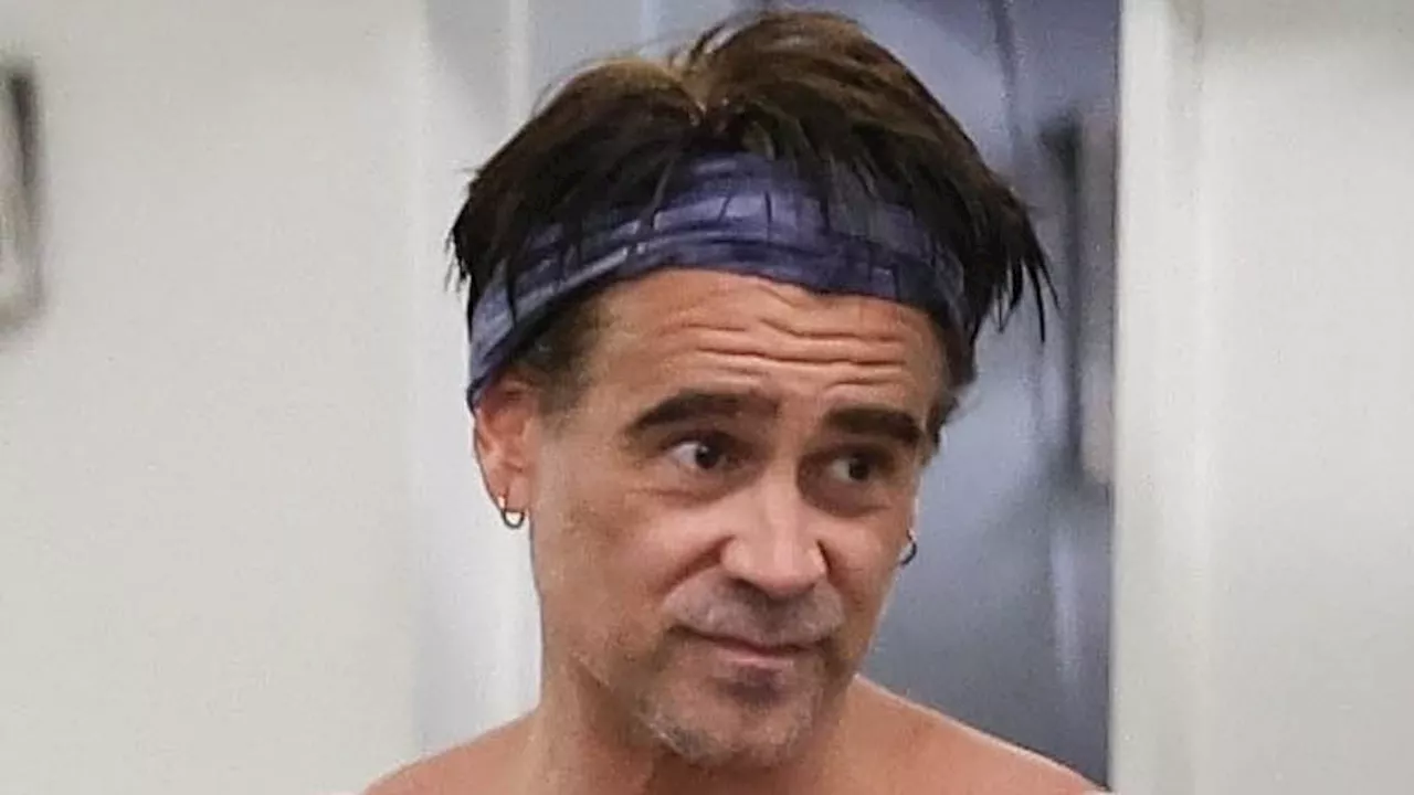 Colin Farrell, 48, shows off his muscular frame while going shirtless after a yoga session in Los...