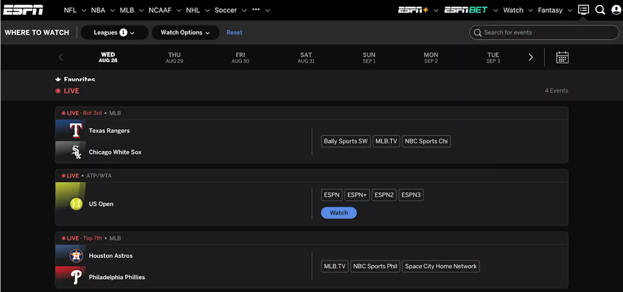 ESPN's Where to Watch offers a TV and streaming guide to sports viewing