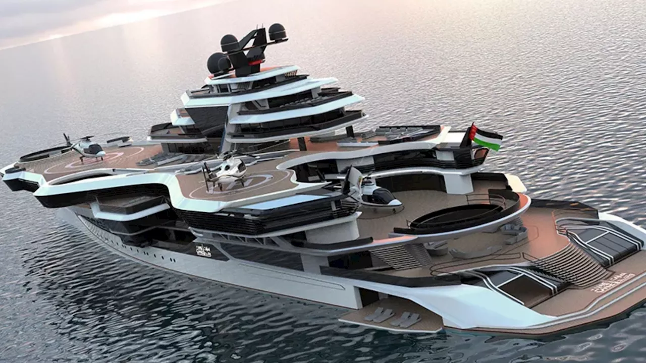 Inside plan for 460ft megayacht ‘Floating Dubai’ designed as a luxury aircraft carrier with two helipads, p...