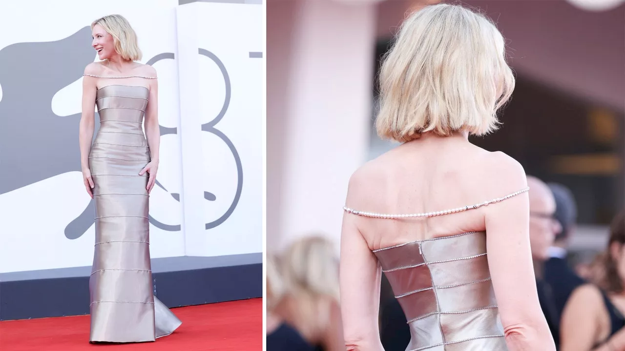 Cómo llevar vestido de tubo plateado con el escote Bardot de perlas más elegante a los 50+ como Cate Blanchett en Venecia