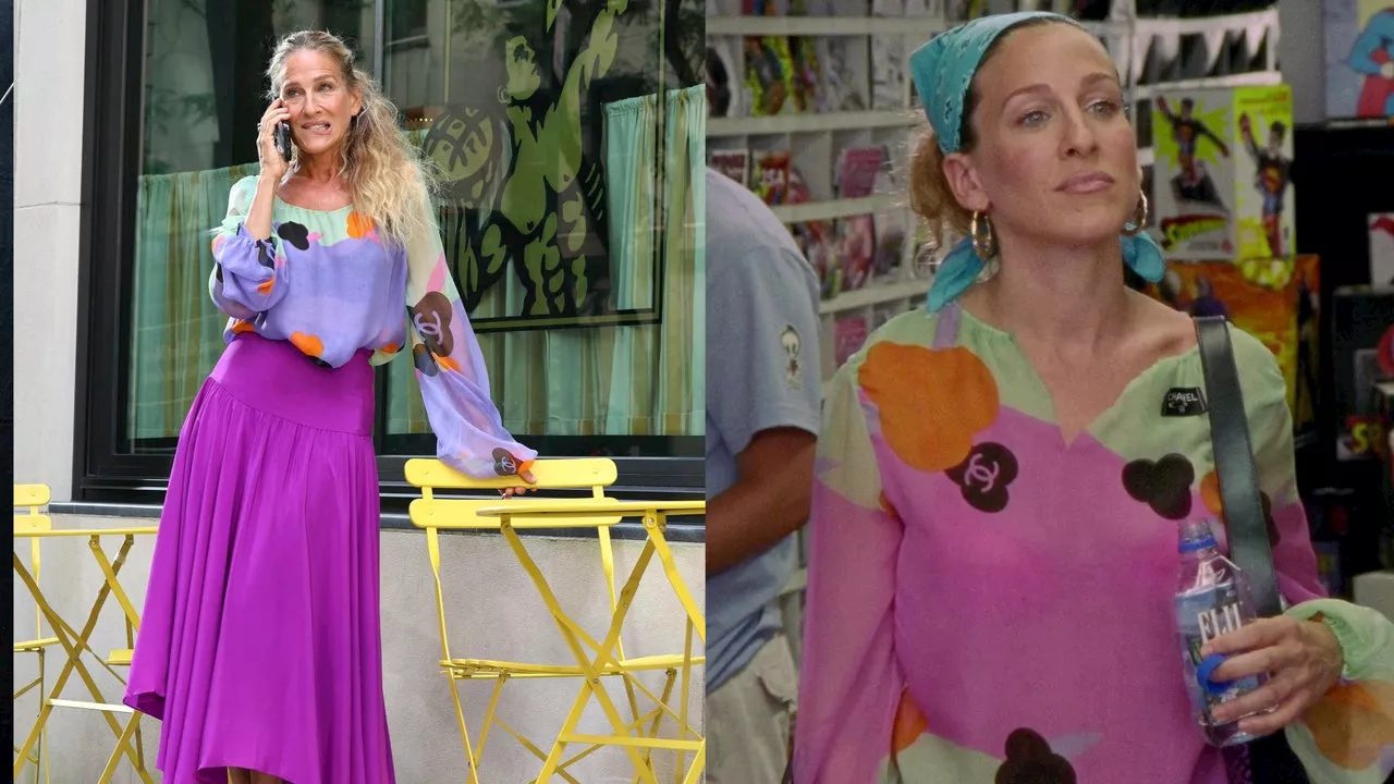 Sarah Jessica Parker combina una blusa transparente con falda fucsia y sandalias de tiras, en un guiño a la Carrie de los 90