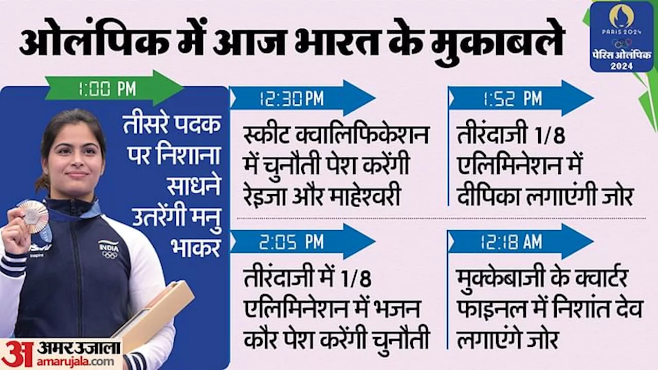 Paris Olympics Day 8 Schedule: मनु भाकर से पदक की हैट्रिक लगाने की उम्मीद, दीपिका-भजन, निशांत पर रहेंगी नजरें