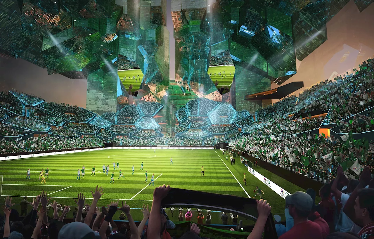 En titt på Saudiarabiens Neom Stadium. Där det sannolikt ska spelas VM-fotboll 2034.