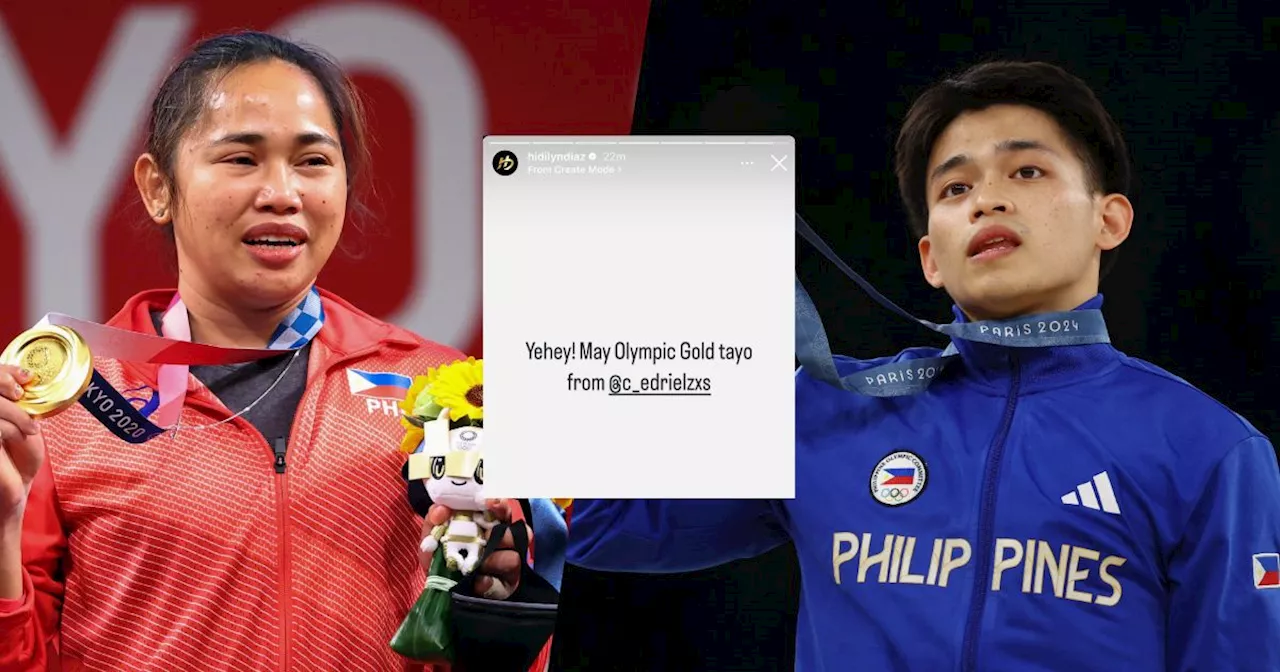 Hidilyn Diaz reacts to Carlos Yulo's Olympic gold medal win in Paris