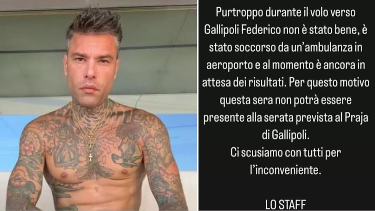 Fedez, malore durante il volo verso la Puglia: ricovero d'urgenza