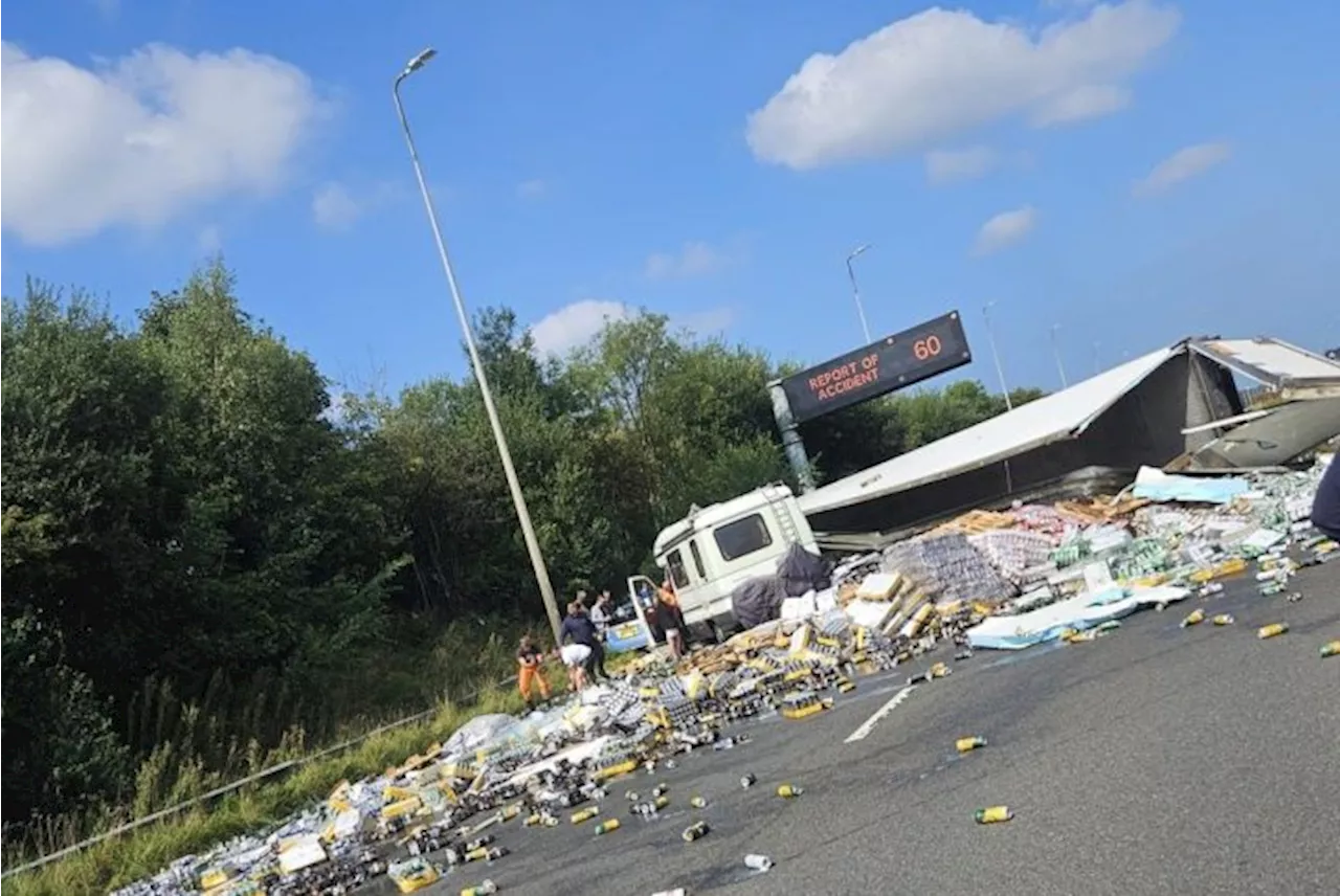 Seven injured and beer cans spilled across M6 after serious crash involving lorry, campervan and car