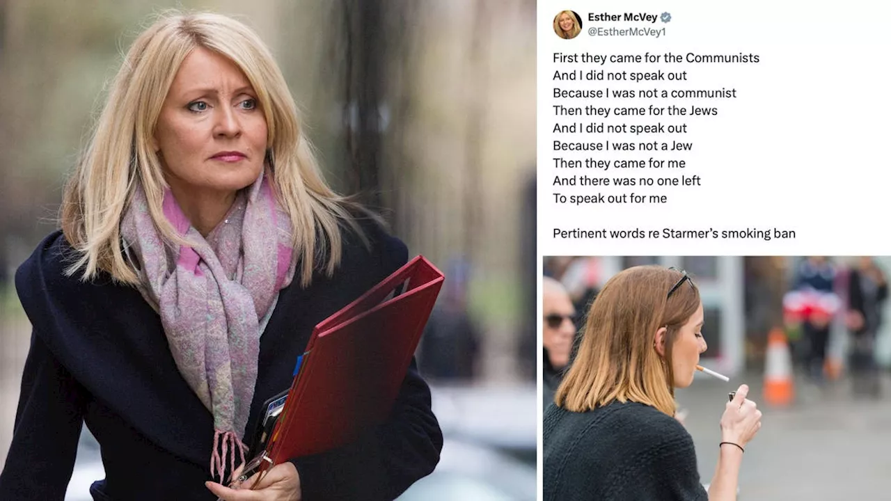 Esther McVey slammed over 'repugnant' tweet comparing smoking ban to Holocaust