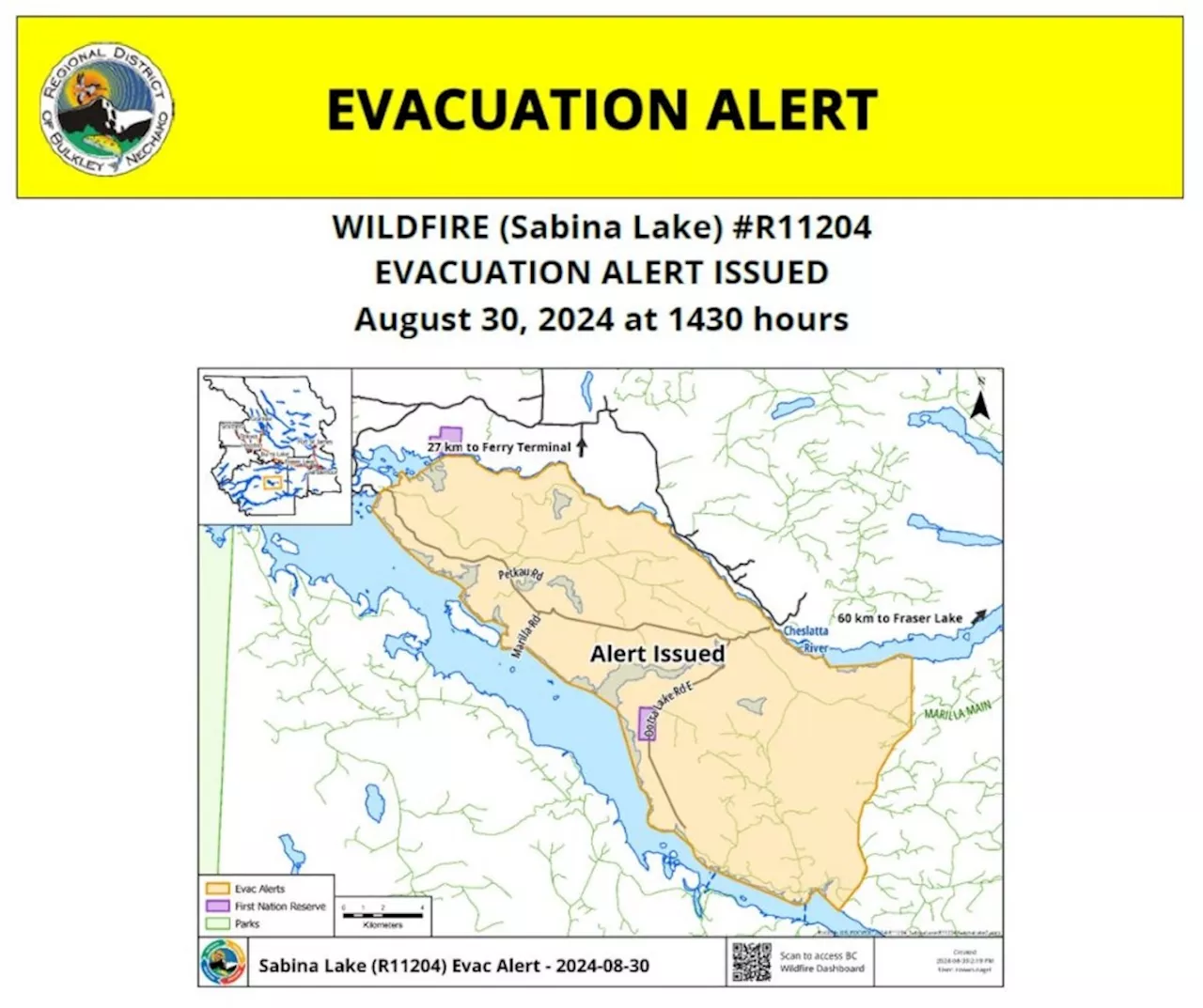 Evacuation alert issued for Sabina Lake wildfire near Burns Lake