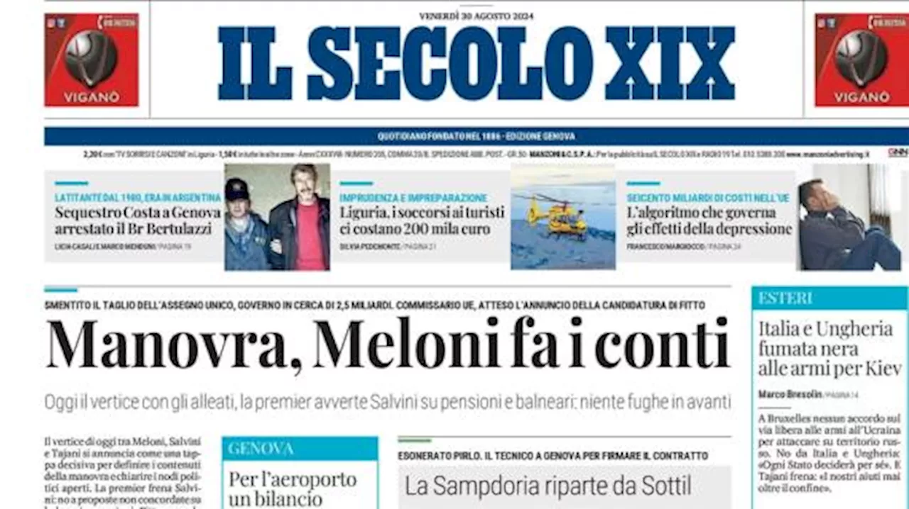 Il Secolo XIX in prima pagina dopo l'esonero di Pirlo: 'La Samp riparte da Sottil'