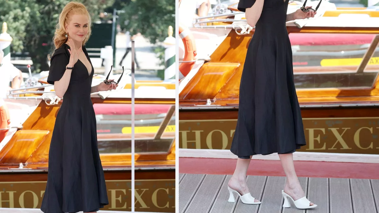 Nicole Kidman deslumbra con sandalias blancas y un vestido negro de Bottega Veneta en el Festival de Venecia 2024