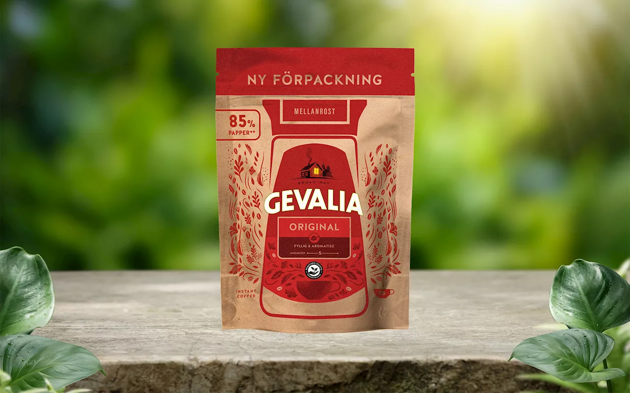 Pappersförpackning för Gevalias snabbkaffe. Helt återvinningsbar.