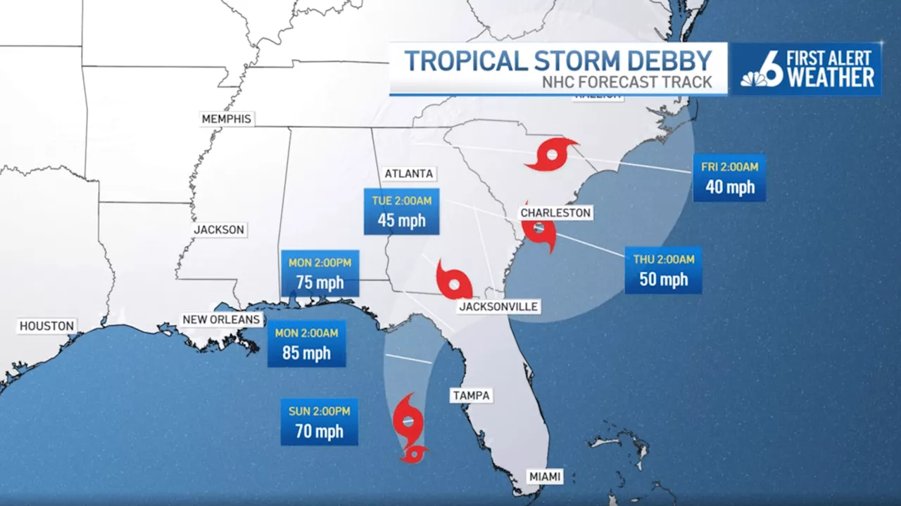 Tropical Storm Debby expected to strengthen rapidly and become hurricane before landfall in Florida